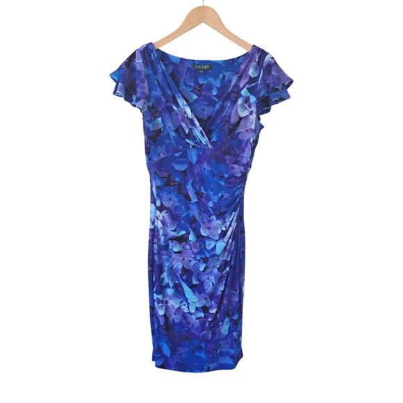 LAUREN Ralph Lauren Purple Blue Floral V-neck Jersey Dress Size 4 Flutter Sleeve - Picture 6 of 8